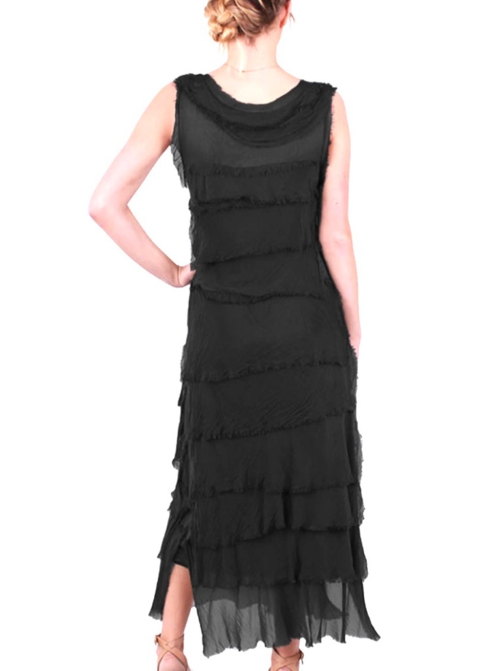 Siena Ruffle Black Tiered Sleeveless Maxi Dress - 100% Silk Layers - Picture 3 of 7